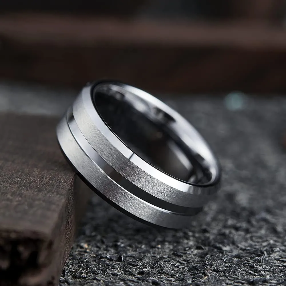THREE KEYS JEWELRY Men Wedding Bands 8mm Black/Silver Tungsten Brushed Grooved Viking Carbide Ring With Infinity Unique for Him