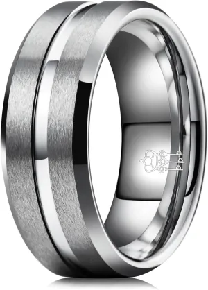 THREE KEYS JEWELRY Men Wedding Bands 8mm Black/Silver Tungsten Brushed Grooved Viking Carbide Ring With Infinity Unique for Him
