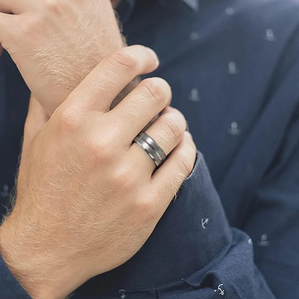 THREE KEYS JEWELRY Men Wedding Bands 8mm Black/Silver Tungsten Brushed Grooved Viking Carbide Ring With Infinity Unique for Him