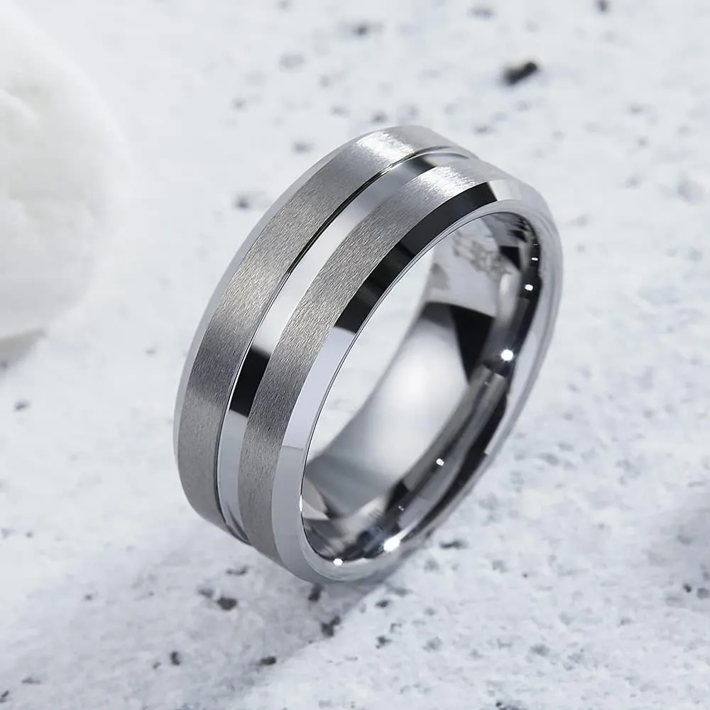 THREE KEYS JEWELRY Men Wedding Bands 8mm Black/Silver Tungsten Brushed Grooved Viking Carbide Ring With Infinity Unique for Him