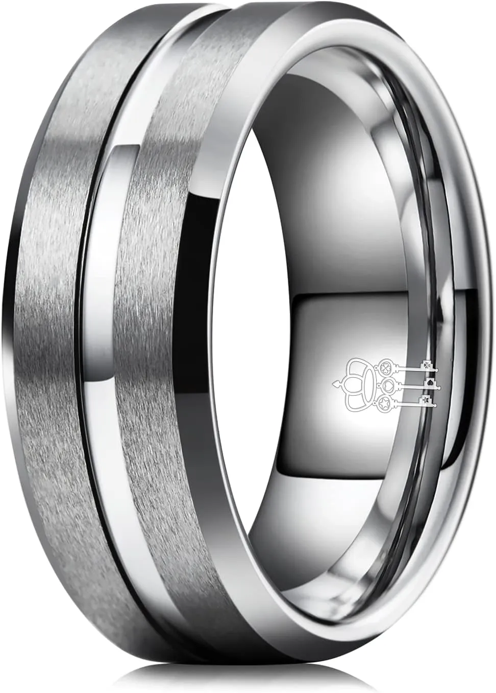 THREE KEYS JEWELRY Men Wedding Bands 8mm Black/Silver Tungsten Brushed Grooved Viking Carbide Ring With Infinity Unique for Him