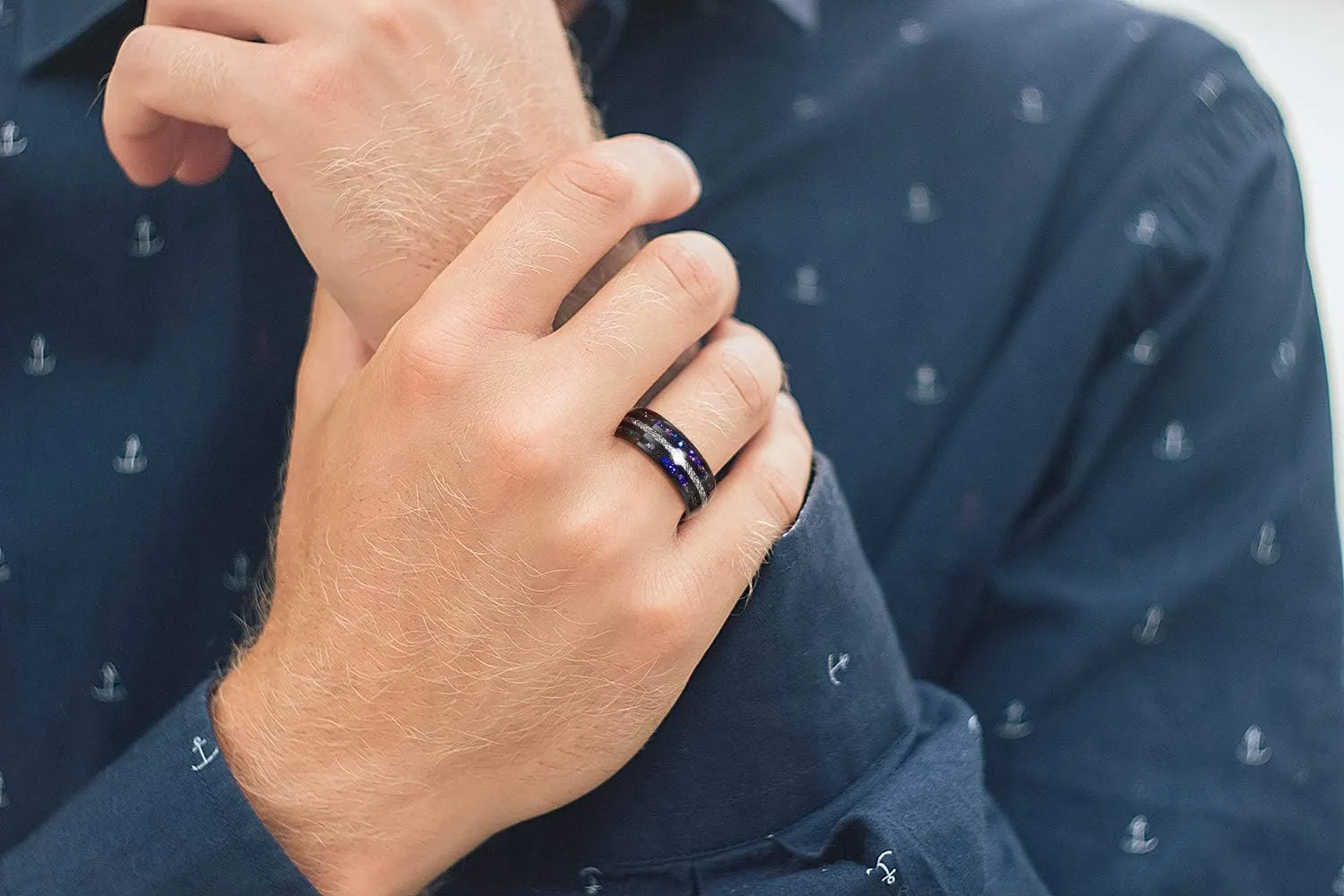 THREE KEYS JEWELRY Men Wedding Bands 8mm Tungsten Galaxy Blue Stone Carbide Meteorite Ring Real with Jewels Polished Infinity Unique for Him Black/Sliver