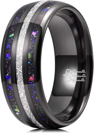 THREE KEYS JEWELRY Men Wedding Bands 8mm Tungsten Galaxy Blue Stone Carbide Meteorite Ring Real with Jewels Polished Infinity Unique for Him Black/Sliver