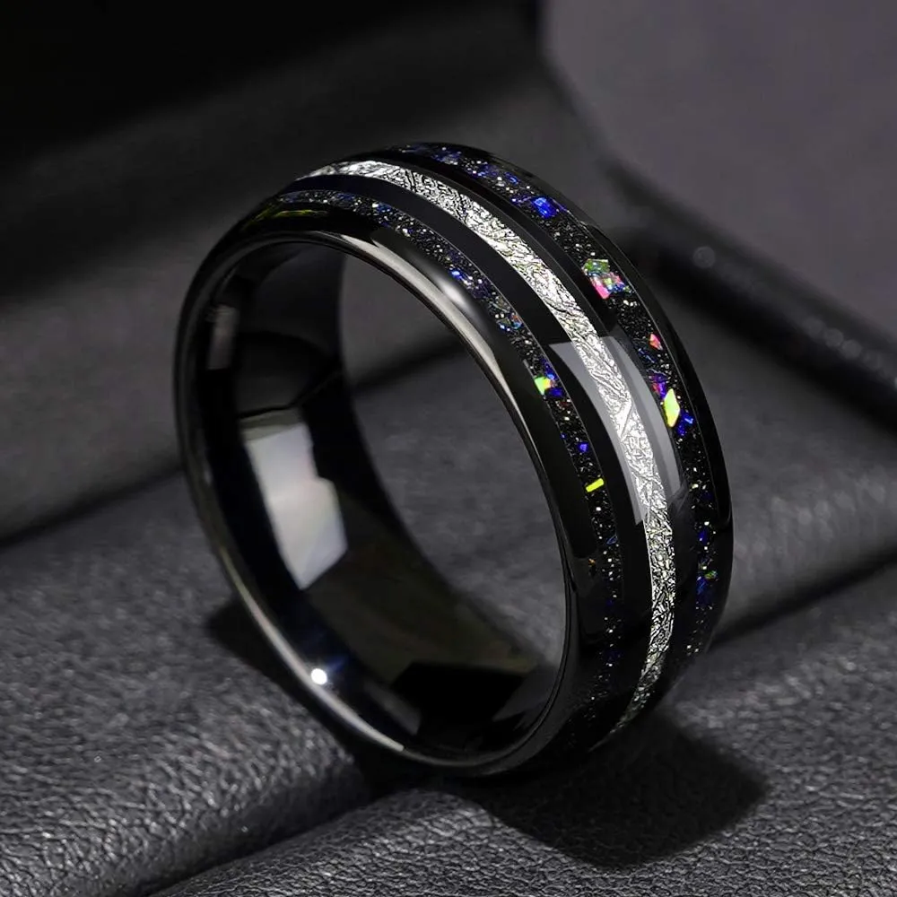 THREE KEYS JEWELRY Men Wedding Bands 8mm Tungsten Galaxy Blue Stone Carbide Meteorite Ring Real with Jewels Polished Infinity Unique for Him Black/Sliver