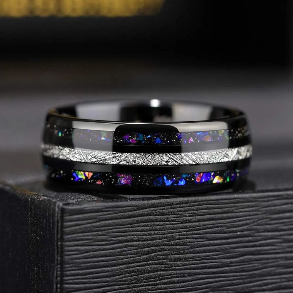 THREE KEYS JEWELRY Men Wedding Bands 8mm Tungsten Galaxy Blue Stone Carbide Meteorite Ring Real with Jewels Polished Infinity Unique for Him Black/Sliver