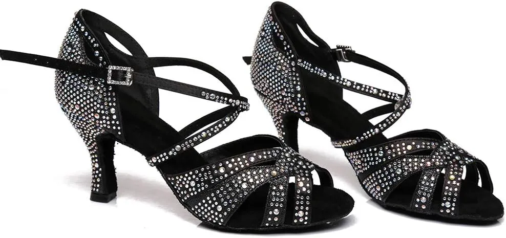 TINRYMX Women Latin Dance Shoes Ballroom Sparkling Rhinestone Salsa Performance Party Dance Shoes, Model-YCL388