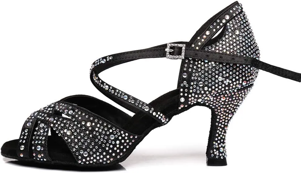 TINRYMX Women Latin Dance Shoes Ballroom Sparkling Rhinestone Salsa Performance Party Dance Shoes, Model-YCL388