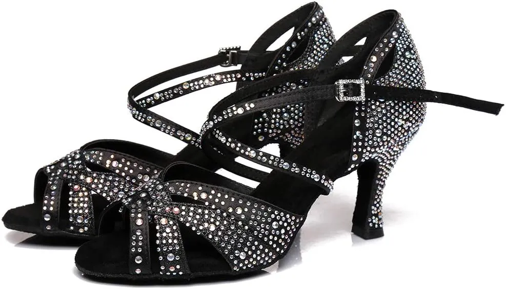 TINRYMX Women Latin Dance Shoes Ballroom Sparkling Rhinestone Salsa Performance Party Dance Shoes, Model-YCL388