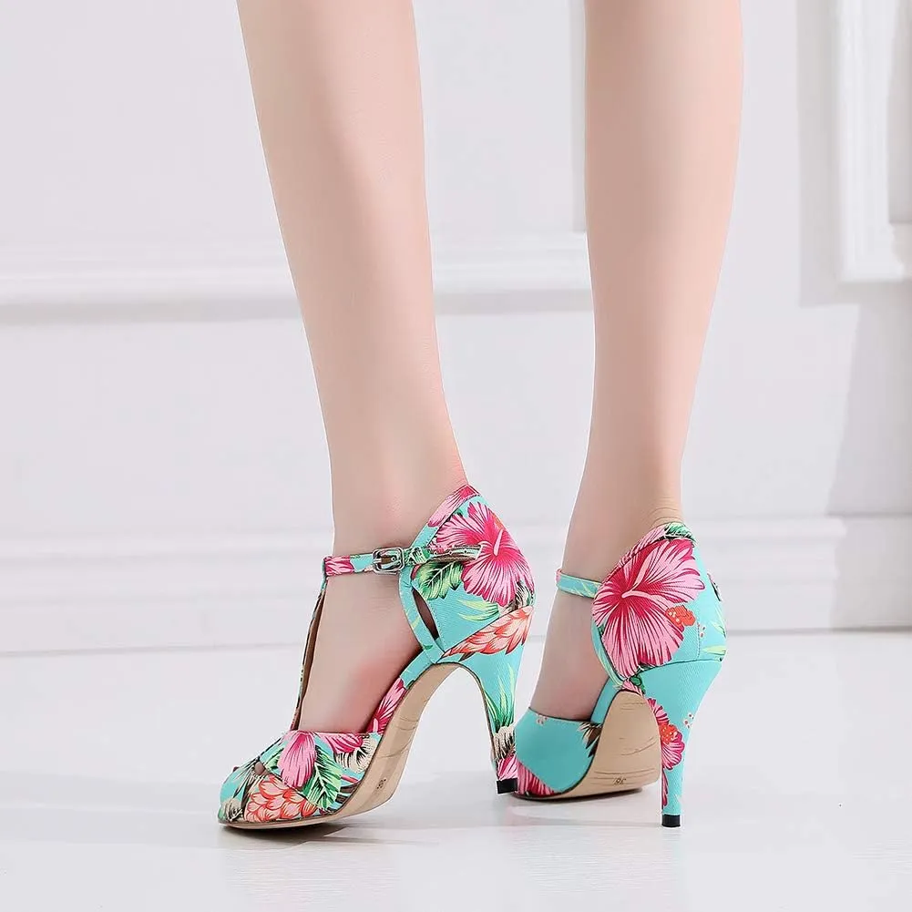 TINRYMX Women Standard Latin Dance Shoes T Strap Fashion High Heels Party Dress Shoes T1001