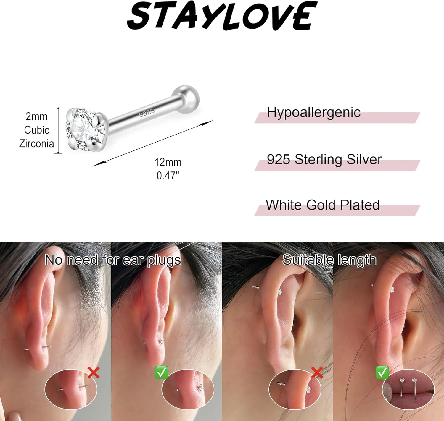 Tiny 2mm CZ Stud Earrings for Women Men 925 Sterling Silver 14K Gold Plated Hypoallergenic Small Cubic Zirconia Helix Cartilage Stud Earrings Set, 3 Pairs