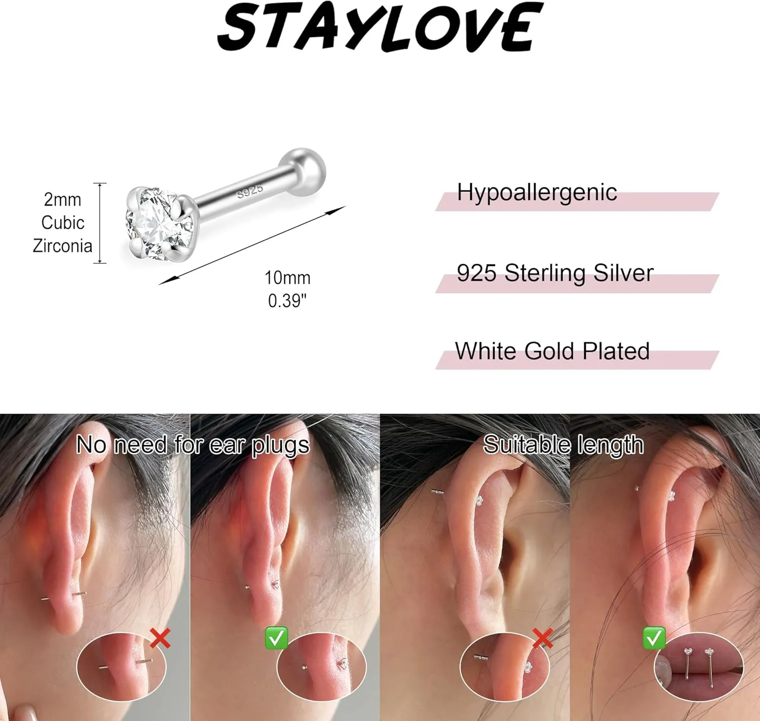 Tiny 2mm CZ Stud Earrings for Women Men 925 Sterling Silver 14K Gold Plated Hypoallergenic Small Cubic Zirconia Helix Cartilage Stud Earrings Set, 3 Pairs