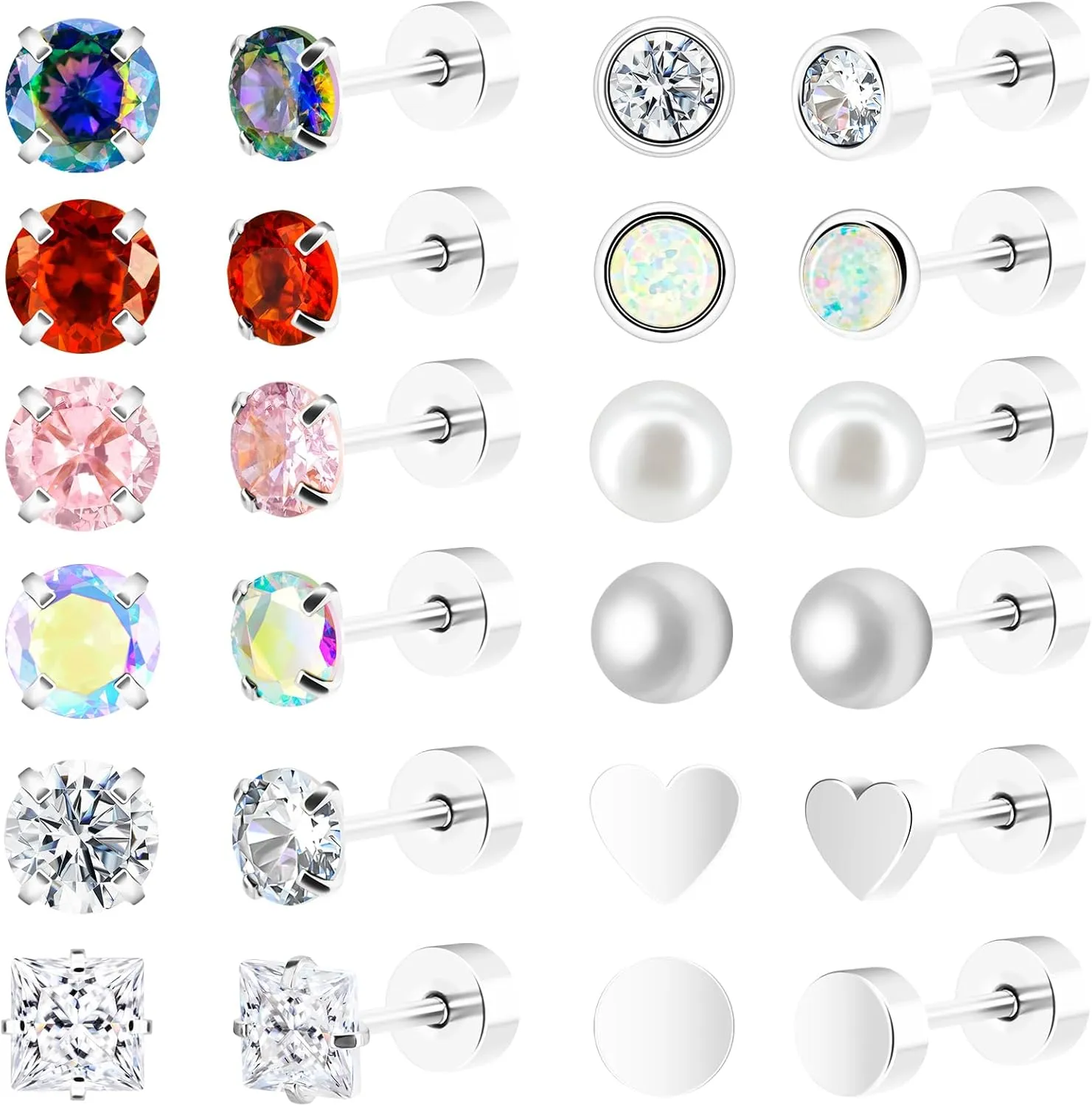 Titanium Earrings for Men Women, Hypoallergenic Flat Back Black Surgical Stainless Steel Stud Earrings for Sensitive Ears Small Opal Cubic Zirconia Hoop Cartilage Earrings Jewelry Set
