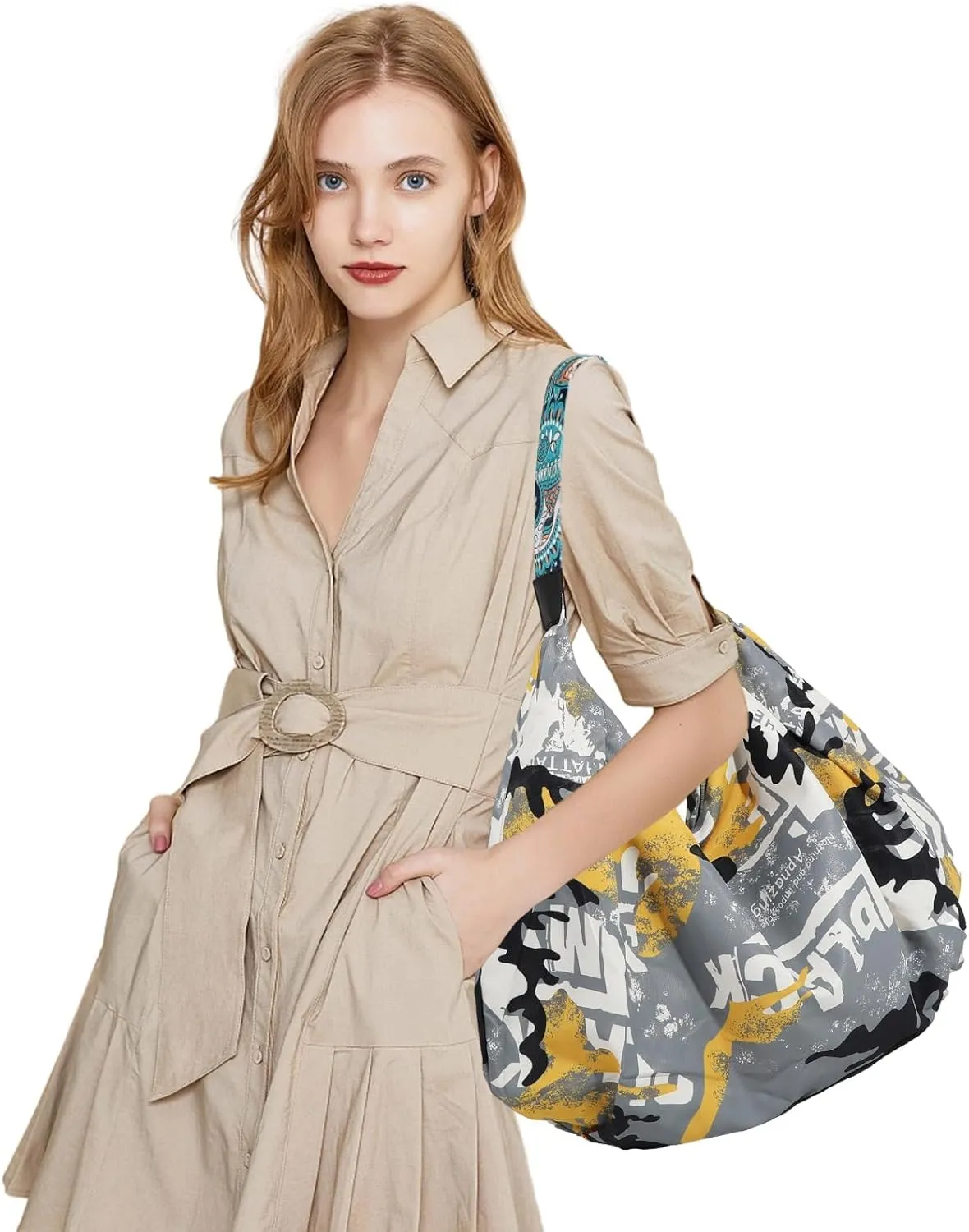 Tote Bag for Women, Nylon Tote Bag With Zipper, Large Capacity Foldable Shoulder Bag for Trval Work Gym Shopping