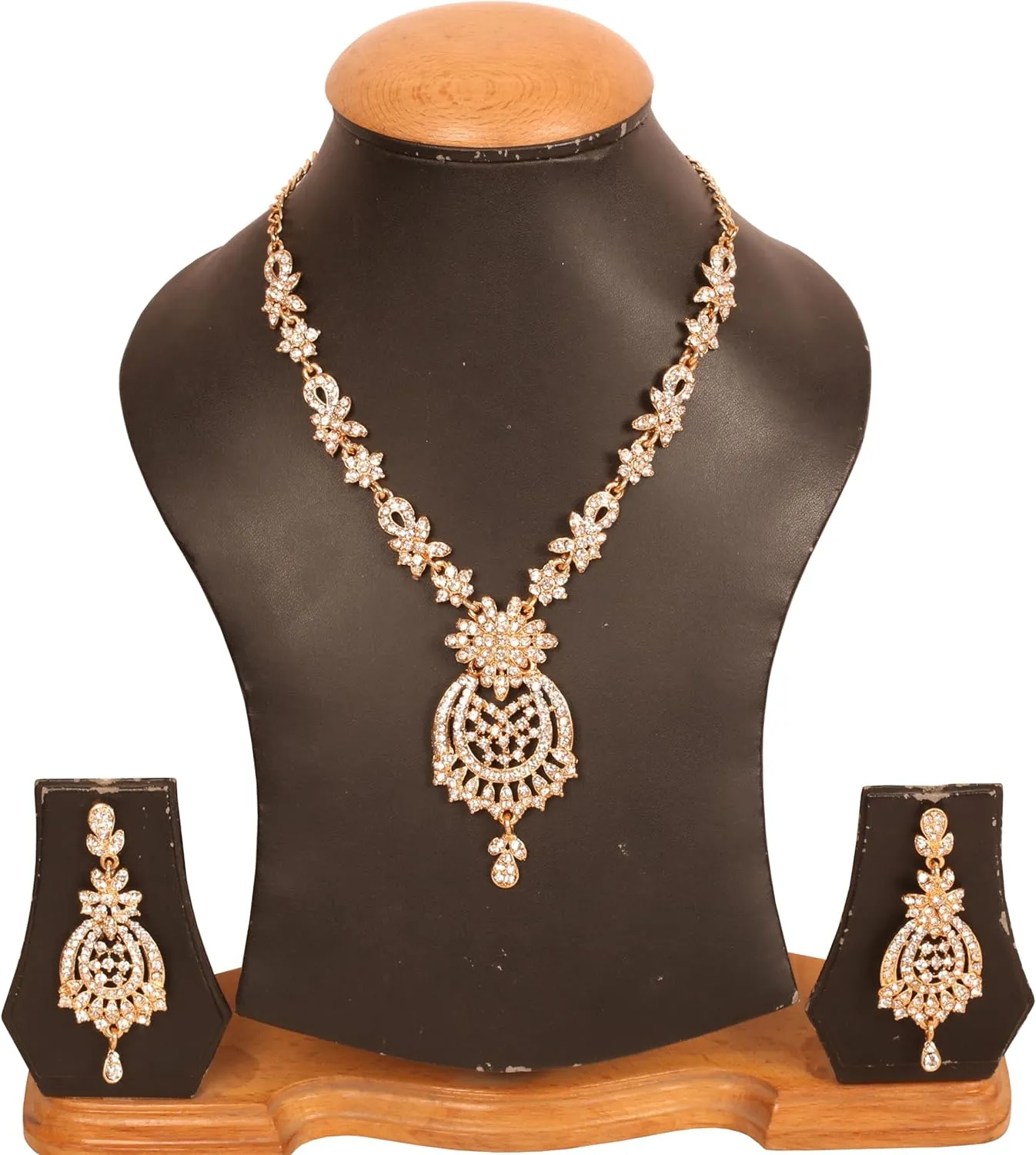 Touchstone Indian Bollywood Gorgeous intricate Workmanship Sparkling Rhinestone crystal wedding Designer Jewelry Necklace Set In Gold or Silver Tone For Women.