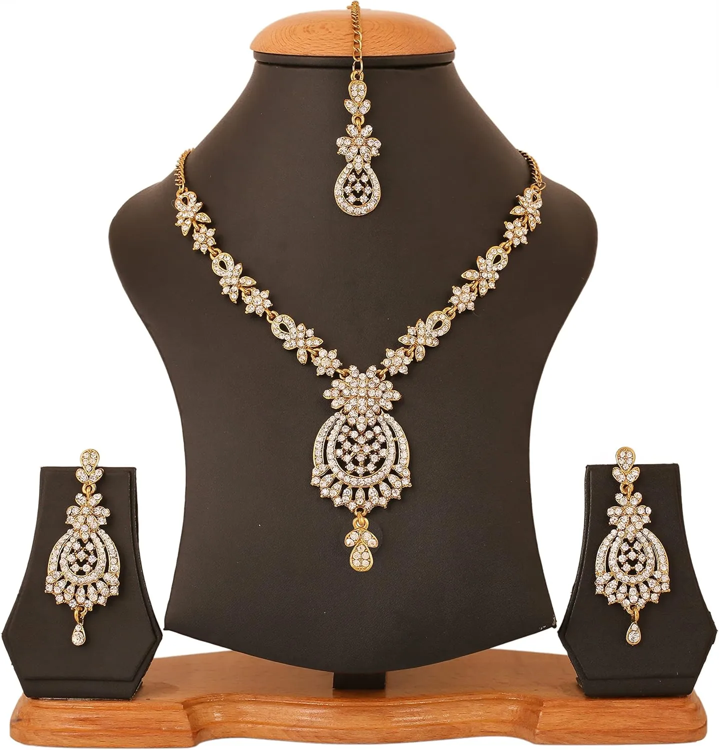 Touchstone Indian Bollywood Gorgeous intricate Workmanship Sparkling Rhinestone crystal wedding Designer Jewelry Necklace Set In Gold or Silver Tone For Women.