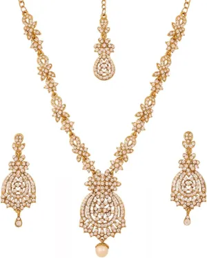 Touchstone Indian Bollywood Gorgeous intricate Workmanship Sparkling Rhinestone crystal wedding Designer Jewelry Necklace Set In Gold or Silver Tone For Women.