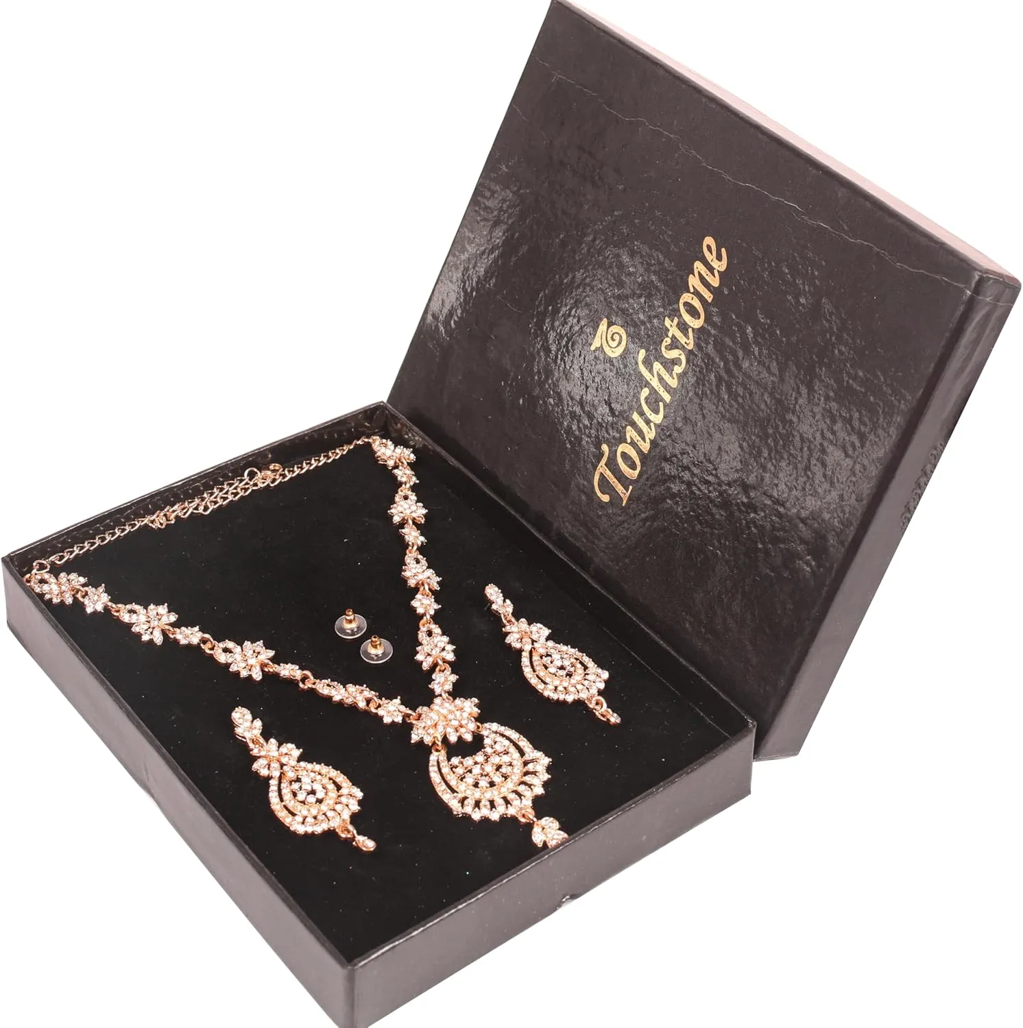 Touchstone Indian Bollywood Gorgeous intricate Workmanship Sparkling Rhinestone crystal wedding Designer Jewelry Necklace Set In Gold or Silver Tone For Women.