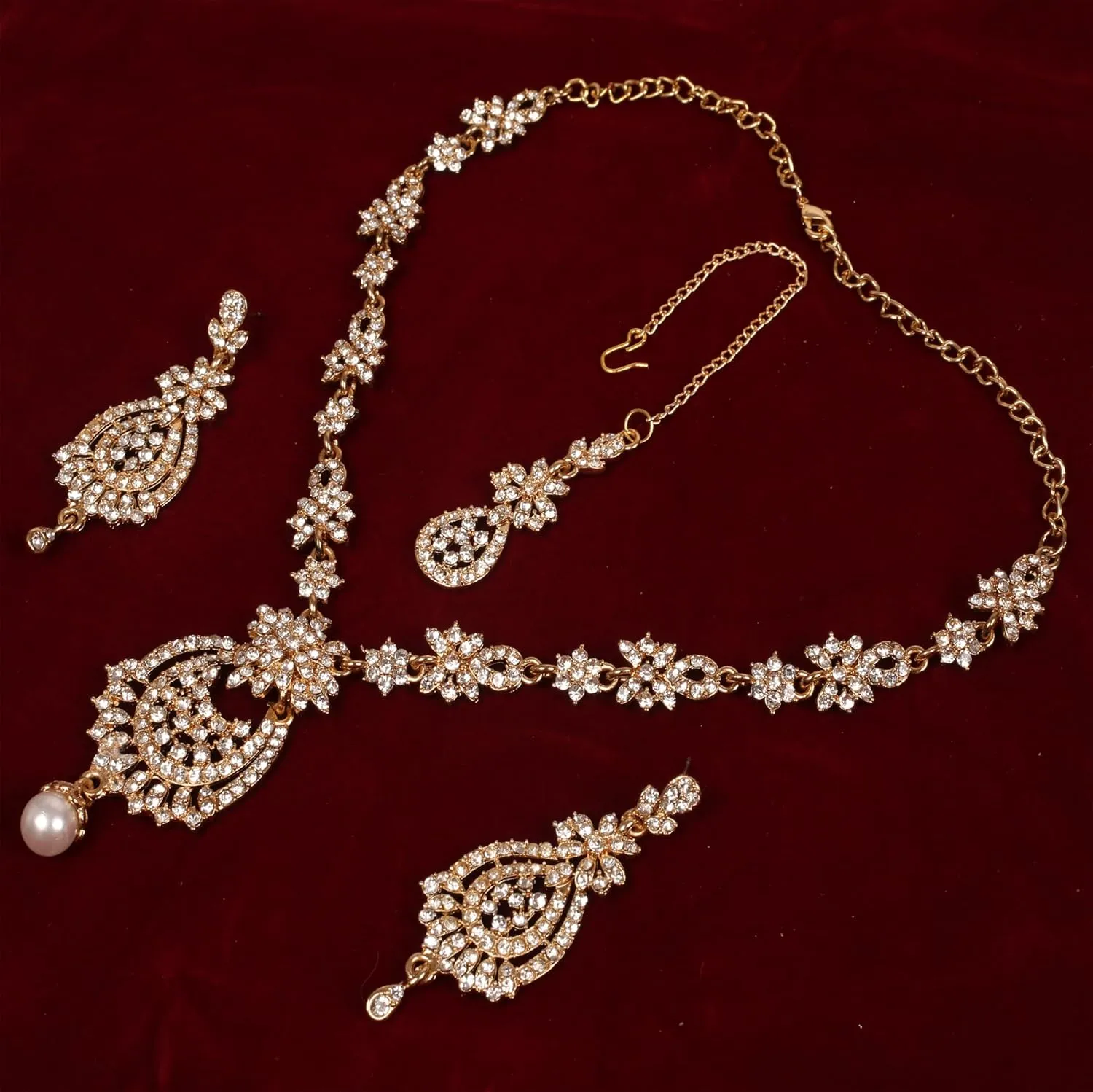 Touchstone Indian Bollywood Gorgeous intricate Workmanship Sparkling Rhinestone crystal wedding Designer Jewelry Necklace Set In Gold or Silver Tone For Women.