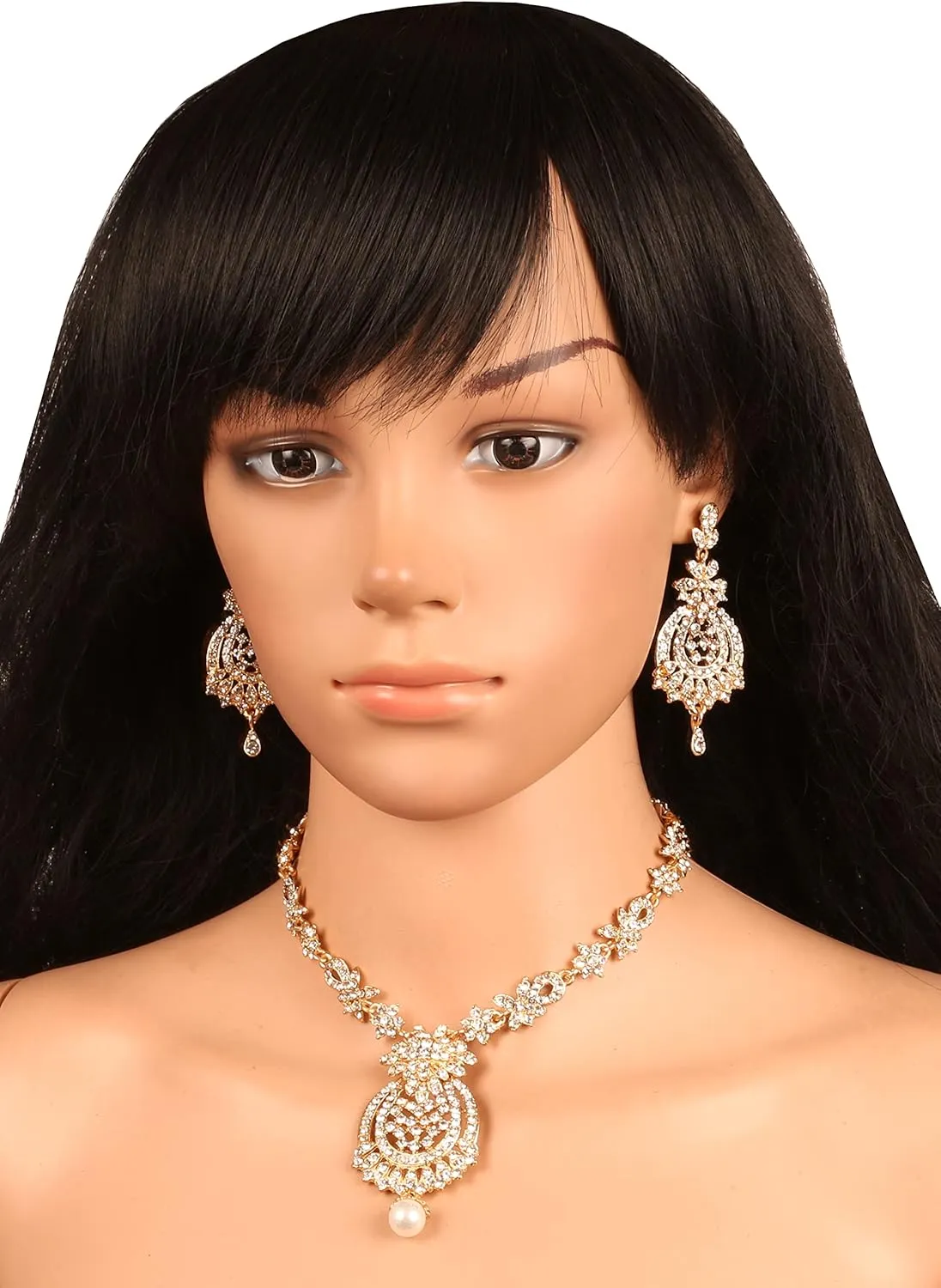 Touchstone Indian Bollywood Gorgeous intricate Workmanship Sparkling Rhinestone crystal wedding Designer Jewelry Necklace Set In Gold or Silver Tone For Women.