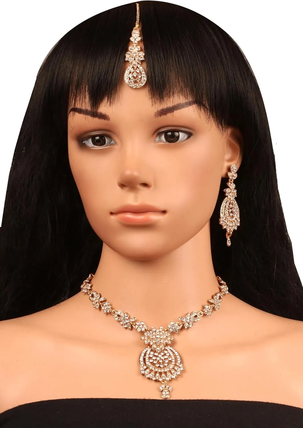 Touchstone Indian Bollywood Gorgeous intricate Workmanship Sparkling Rhinestone crystal wedding Designer Jewelry Necklace Set In Gold or Silver Tone For Women.