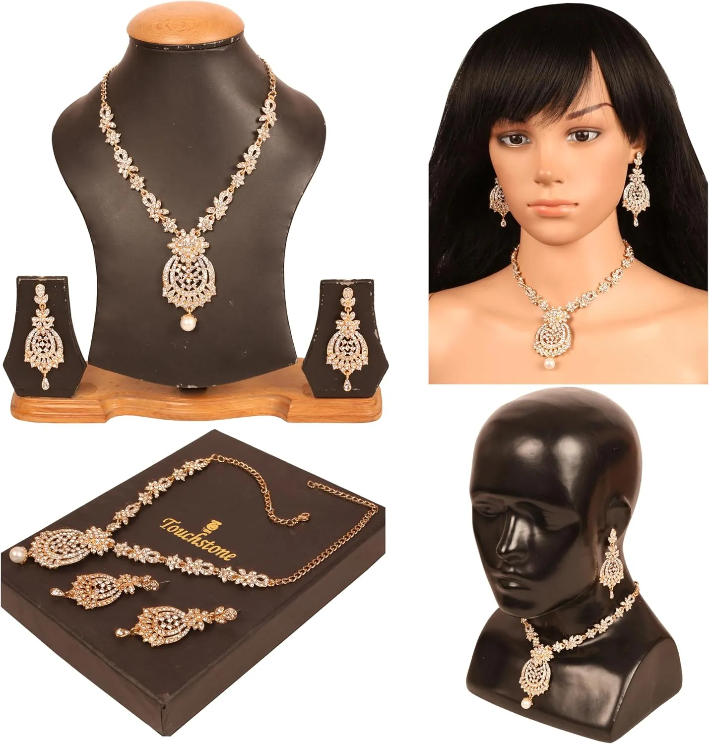 Touchstone Indian Bollywood Gorgeous intricate Workmanship Sparkling Rhinestone crystal wedding Designer Jewelry Necklace Set In Gold or Silver Tone For Women.