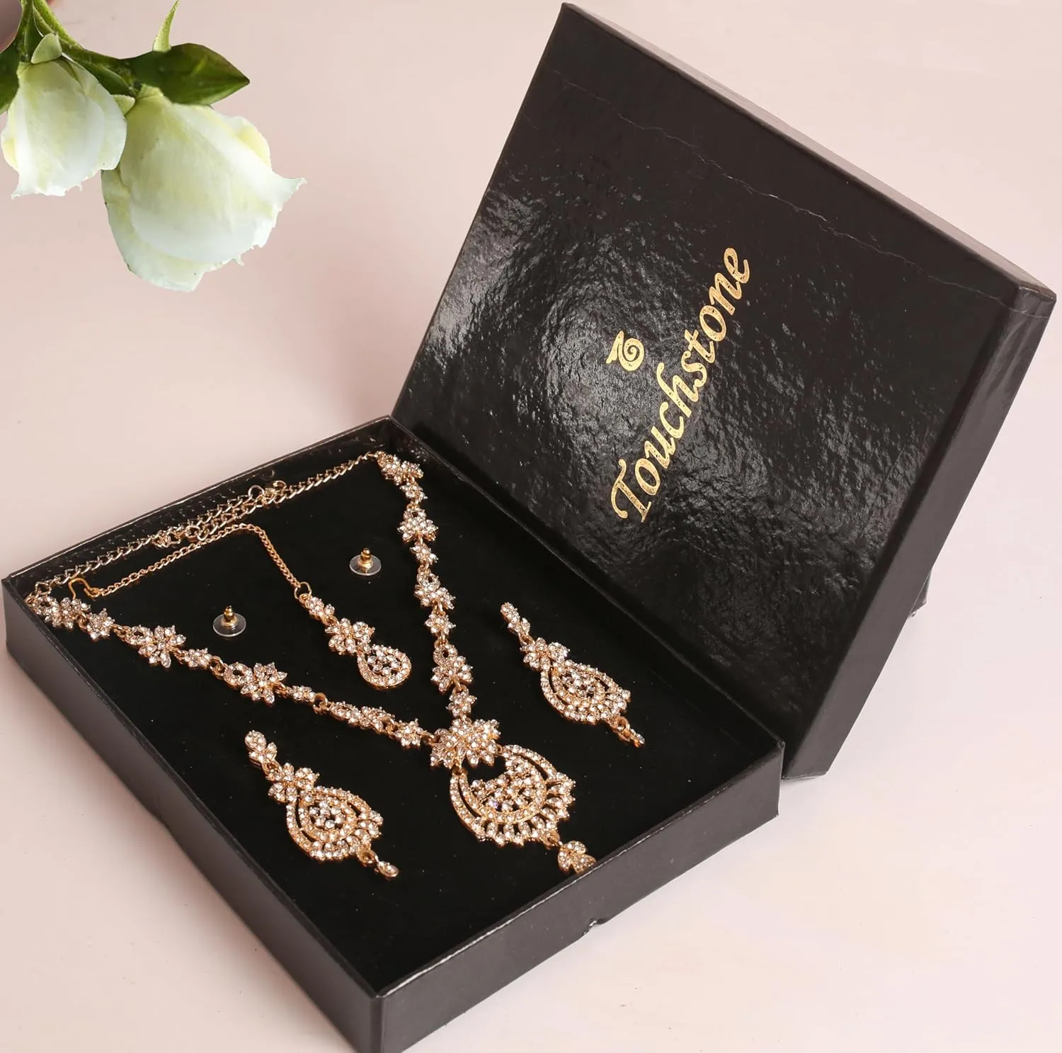 Touchstone Indian Bollywood Gorgeous intricate Workmanship Sparkling Rhinestone crystal wedding Designer Jewelry Necklace Set In Gold or Silver Tone For Women.