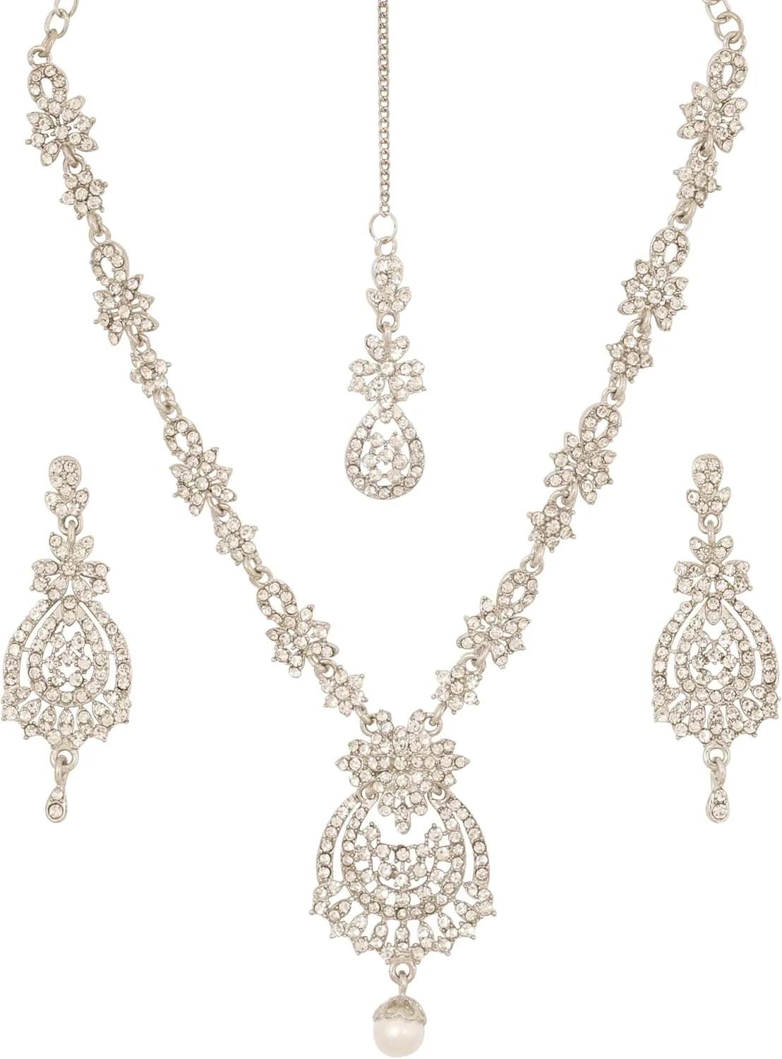 Touchstone Indian Bollywood Gorgeous intricate Workmanship Sparkling Rhinestone crystal wedding Designer Jewelry Necklace Set In Gold or Silver Tone For Women.