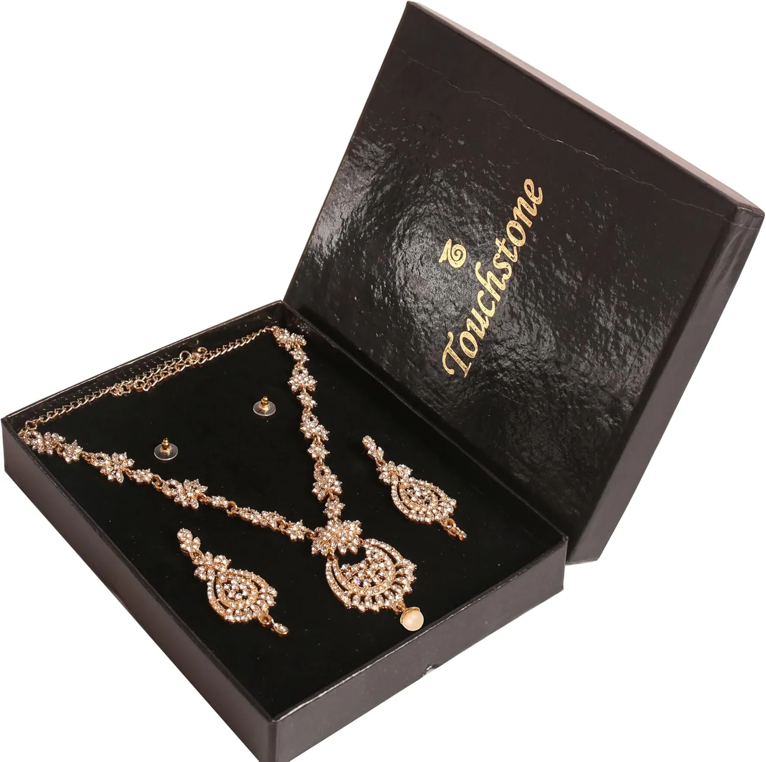 Touchstone Indian Bollywood Gorgeous intricate Workmanship Sparkling Rhinestone crystal wedding Designer Jewelry Necklace Set In Gold or Silver Tone For Women.