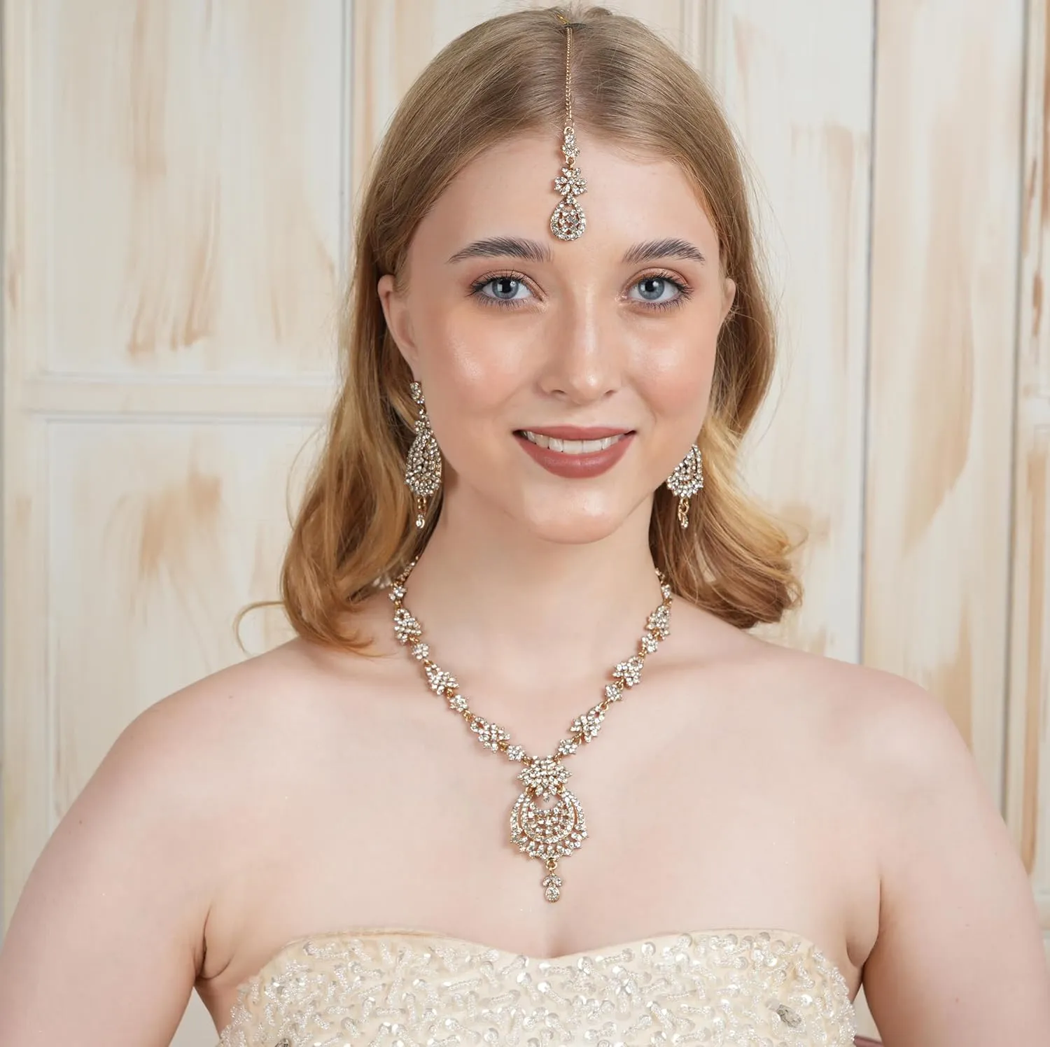 Touchstone Indian Bollywood Gorgeous intricate Workmanship Sparkling Rhinestone crystal wedding Designer Jewelry Necklace Set In Gold or Silver Tone For Women.
