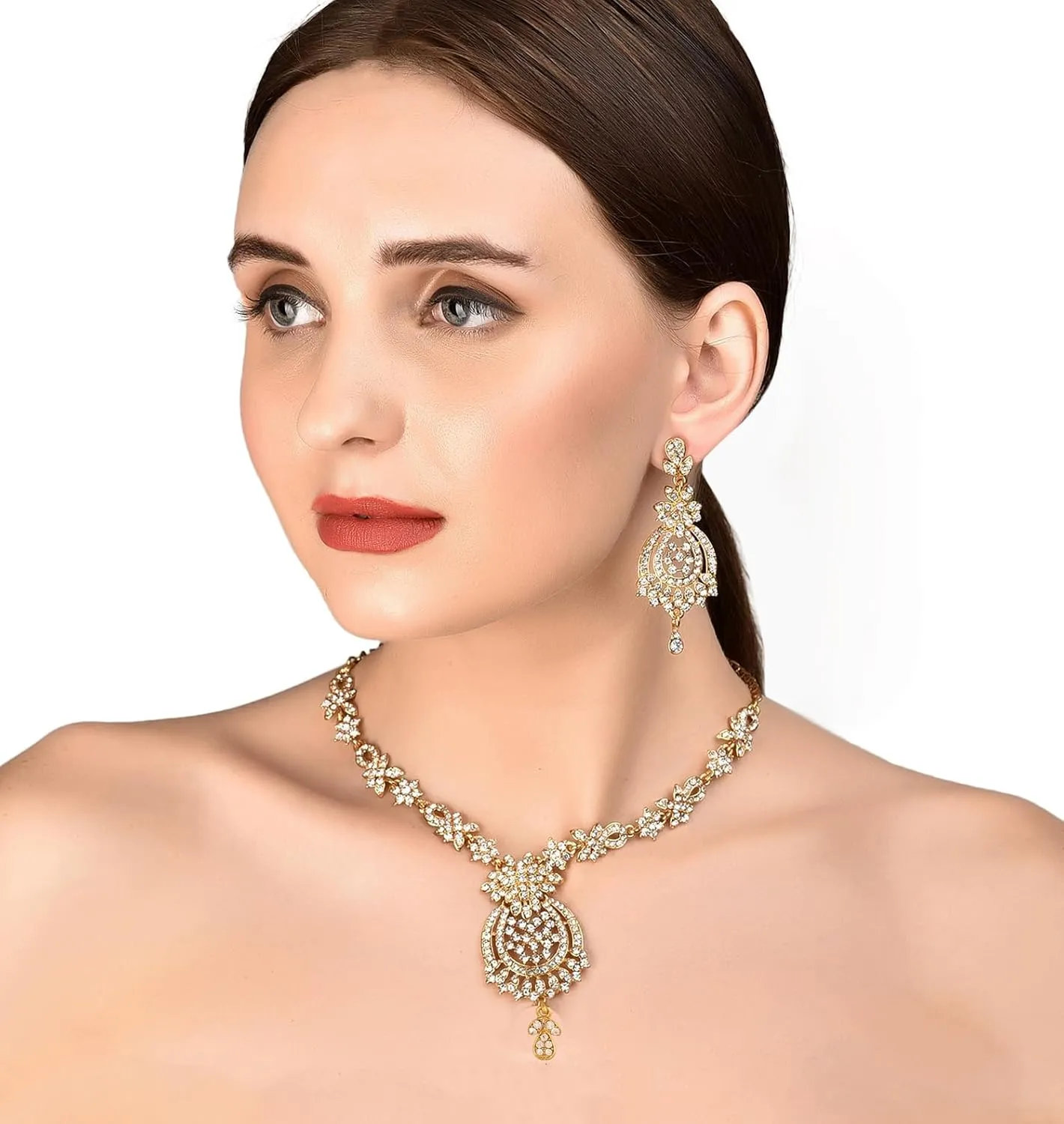 Touchstone Indian Bollywood Gorgeous intricate Workmanship Sparkling Rhinestone crystal wedding Designer Jewelry Necklace Set In Gold or Silver Tone For Women.