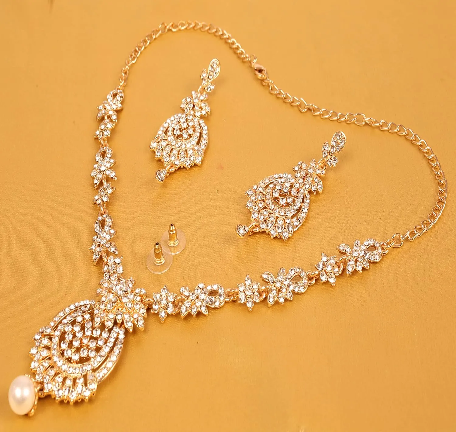 Touchstone Indian Bollywood Gorgeous intricate Workmanship Sparkling Rhinestone crystal wedding Designer Jewelry Necklace Set In Gold or Silver Tone For Women.