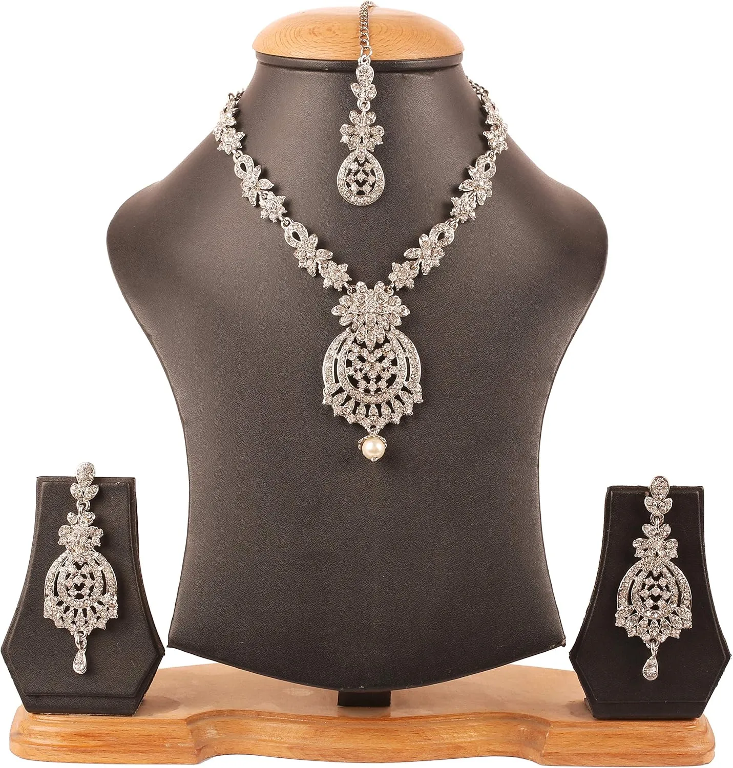 Touchstone Indian Bollywood Gorgeous intricate Workmanship Sparkling Rhinestone crystal wedding Designer Jewelry Necklace Set In Gold or Silver Tone For Women.