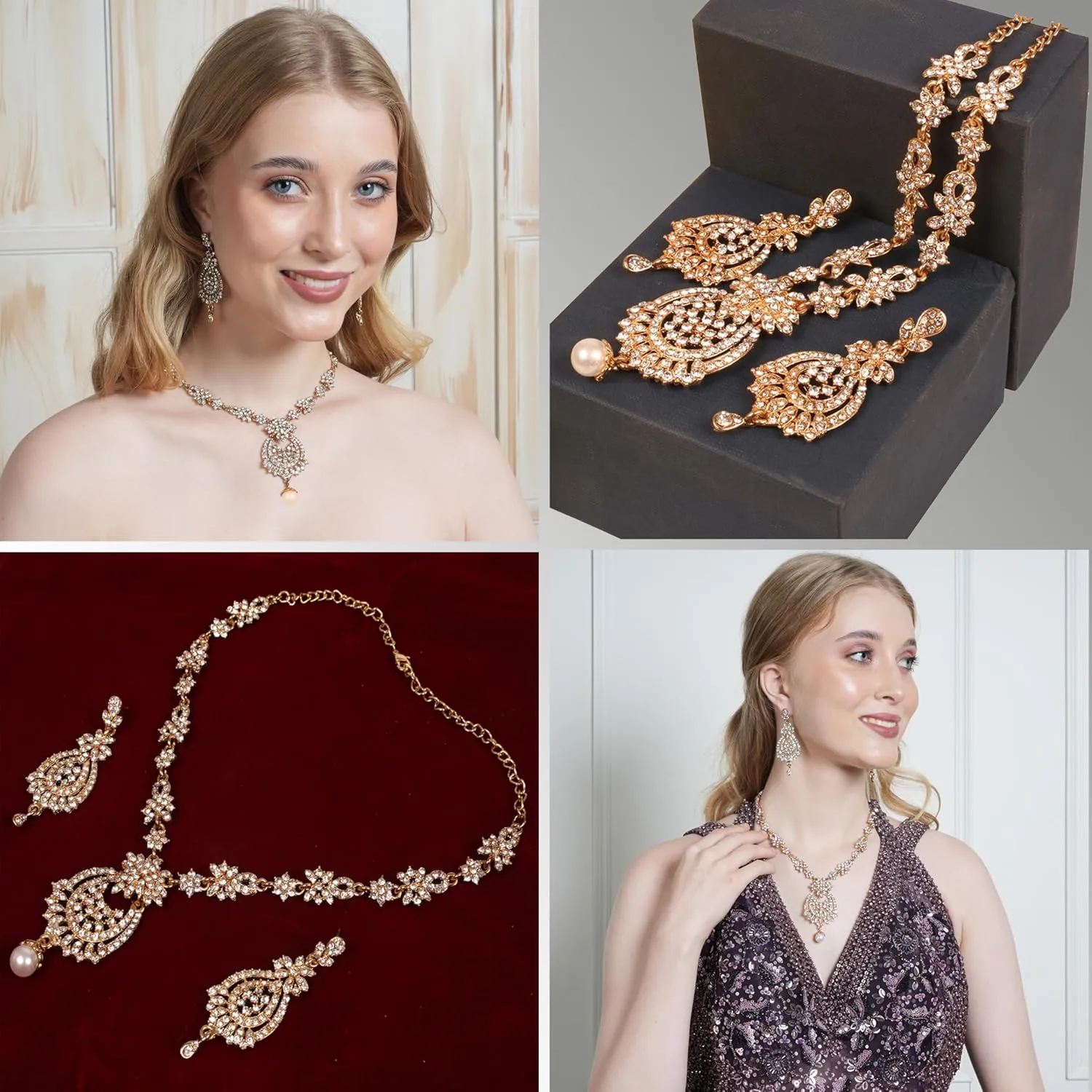 Touchstone Indian Bollywood Gorgeous intricate Workmanship Sparkling Rhinestone crystal wedding Designer Jewelry Necklace Set In Gold or Silver Tone For Women.