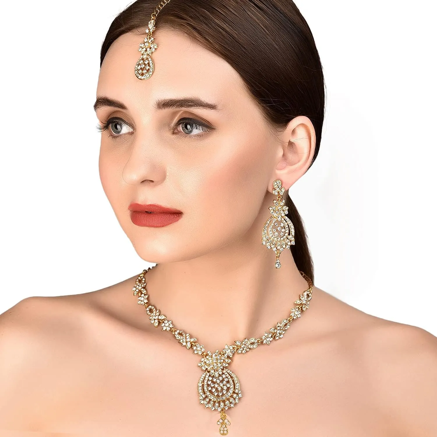 Touchstone Indian Bollywood Gorgeous intricate Workmanship Sparkling Rhinestone crystal wedding Designer Jewelry Necklace Set In Gold or Silver Tone For Women.