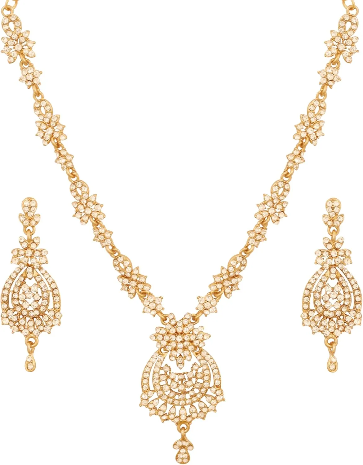 Touchstone Indian Bollywood Gorgeous intricate Workmanship Sparkling Rhinestone crystal wedding Designer Jewelry Necklace Set In Gold or Silver Tone For Women.