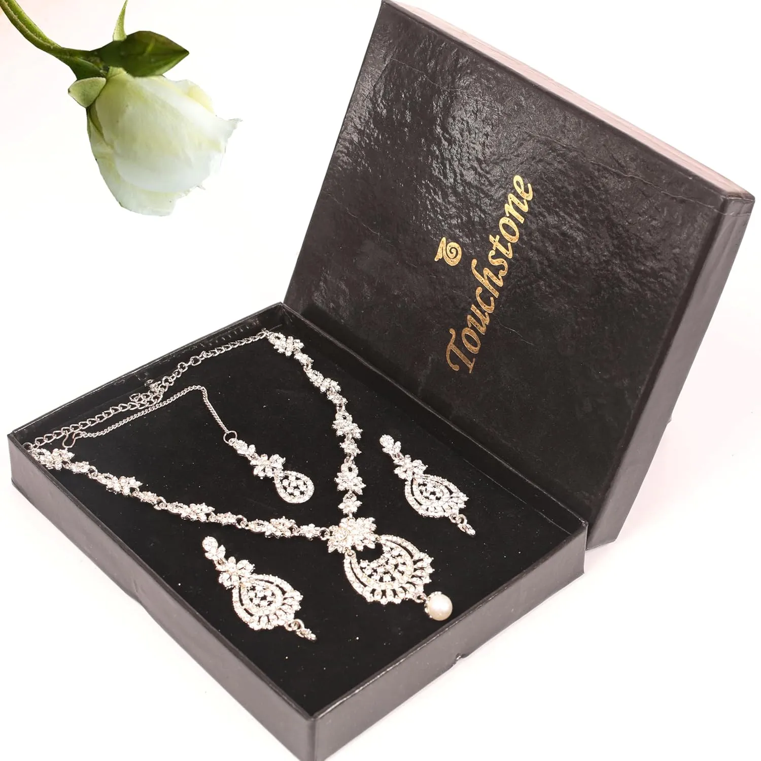 Touchstone Indian Bollywood Gorgeous intricate Workmanship Sparkling Rhinestone crystal wedding Designer Jewelry Necklace Set In Gold or Silver Tone For Women.