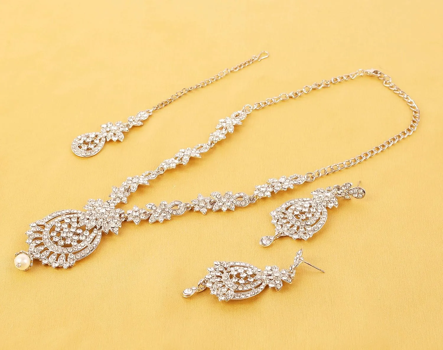 Touchstone Indian Bollywood Gorgeous intricate Workmanship Sparkling Rhinestone crystal wedding Designer Jewelry Necklace Set In Gold or Silver Tone For Women.