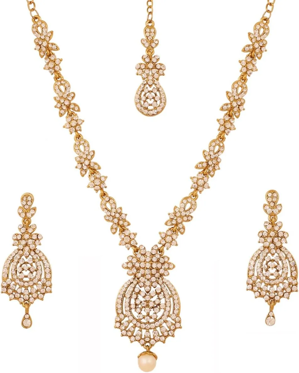 Touchstone Indian Bollywood Gorgeous intricate Workmanship Sparkling Rhinestone crystal wedding Designer Jewelry Necklace Set In Gold or Silver Tone For Women.