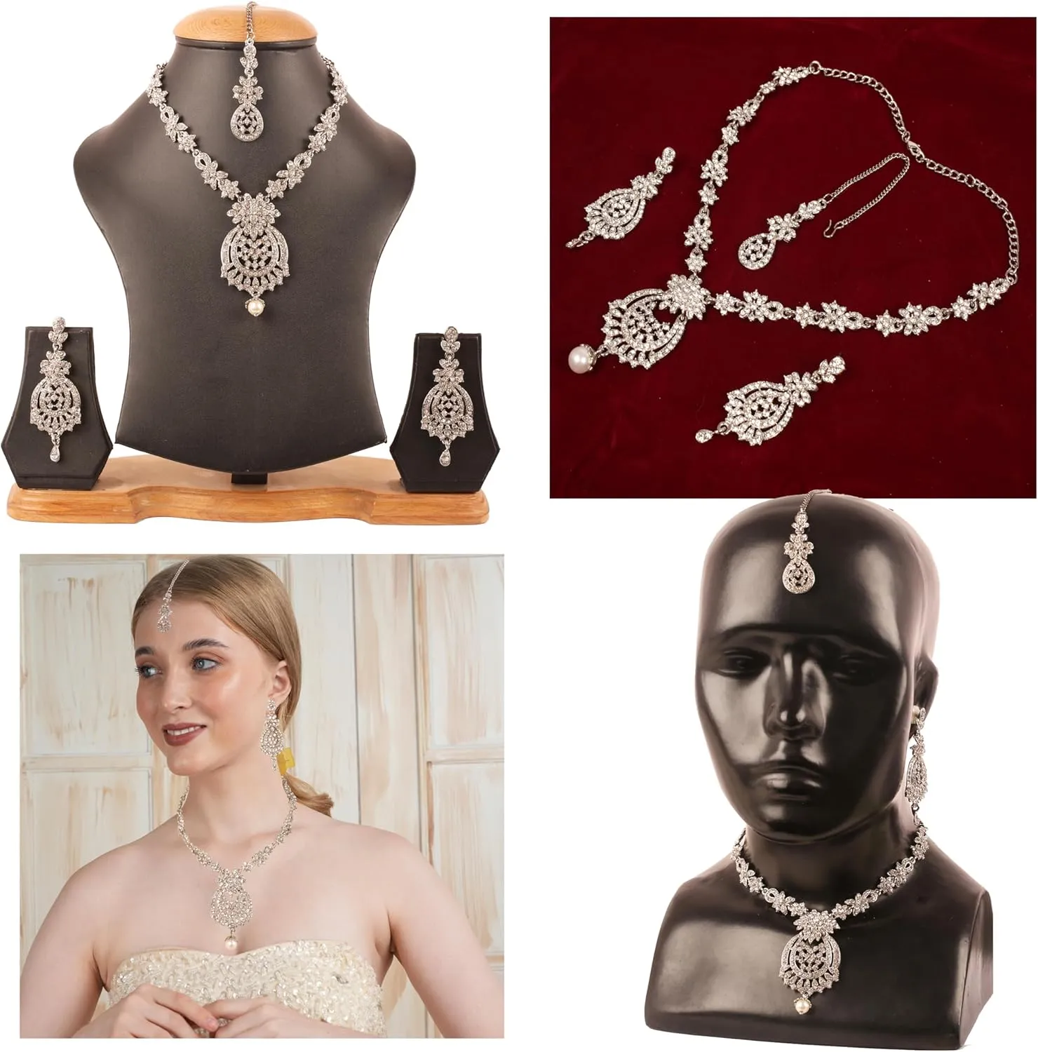 Touchstone Indian Bollywood Gorgeous intricate Workmanship Sparkling Rhinestone crystal wedding Designer Jewelry Necklace Set In Gold or Silver Tone For Women.