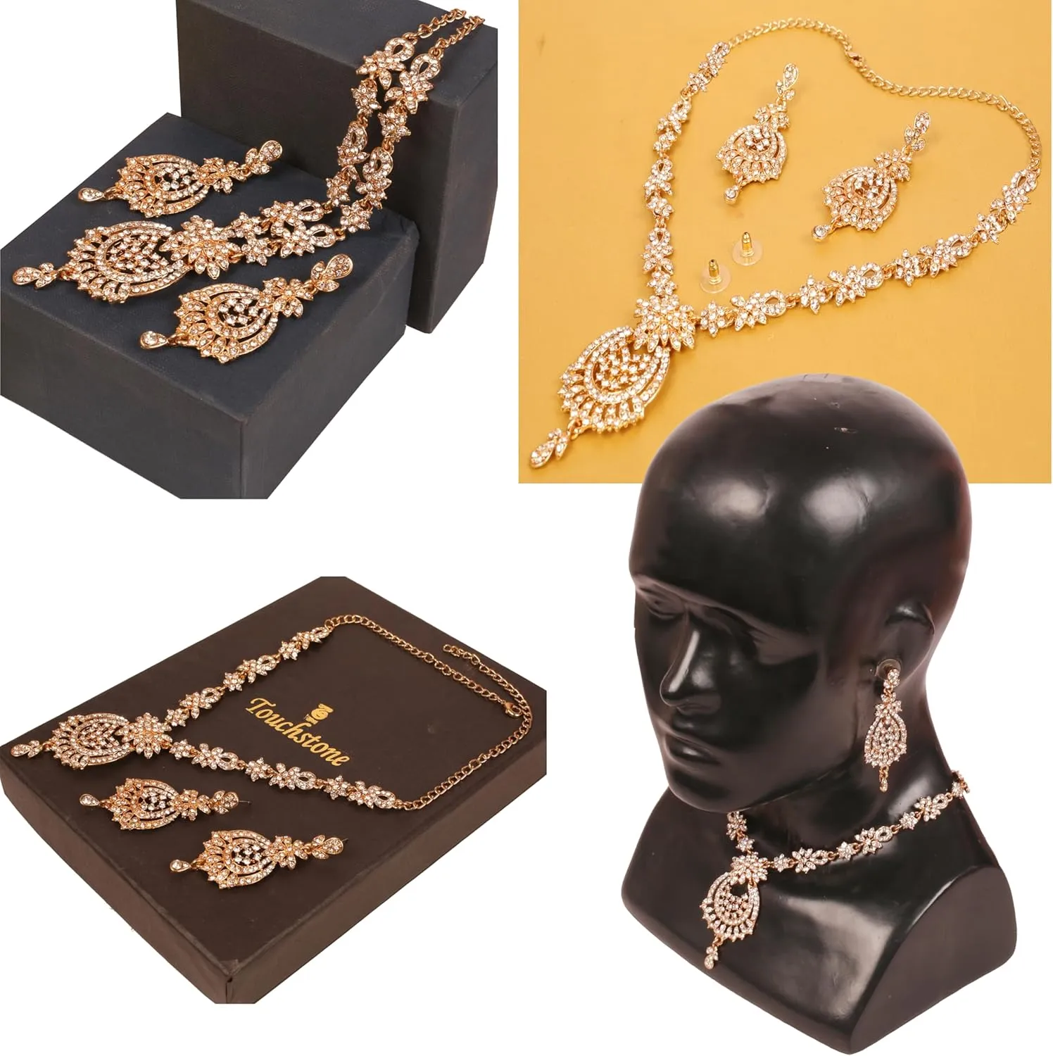 Touchstone Indian Bollywood Gorgeous intricate Workmanship Sparkling Rhinestone crystal wedding Designer Jewelry Necklace Set In Gold or Silver Tone For Women.