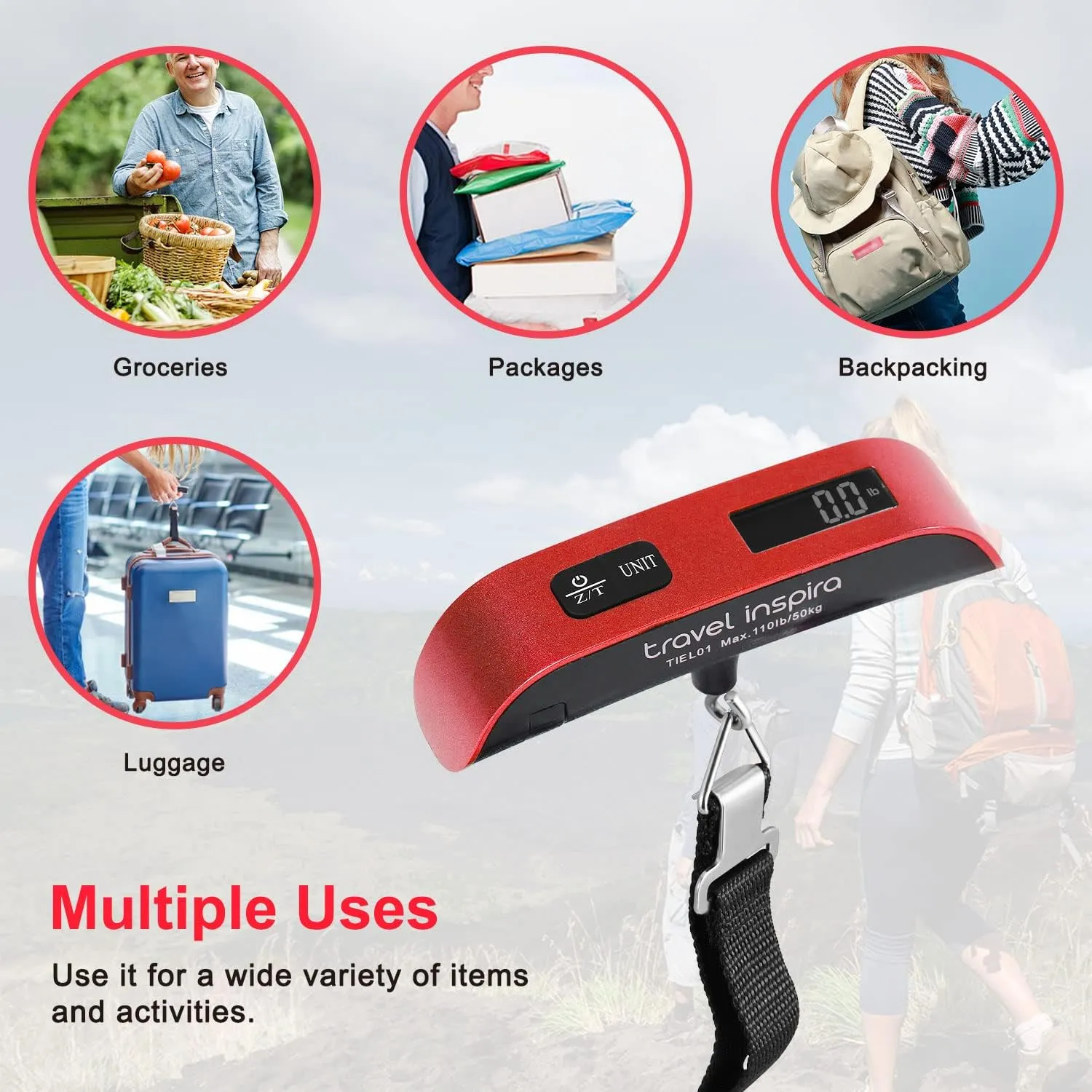 travel inspira Luggage Scale, Portable Digital Hanging Baggage Scale for Travel, Suitcase Weight Scale with Rubber Paint, 110 Pounds, Battery Included