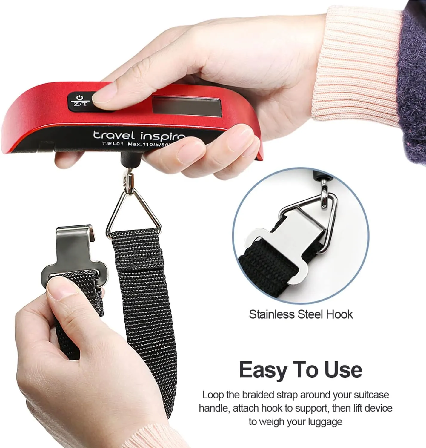 travel inspira Luggage Scale, Portable Digital Hanging Baggage Scale for Travel, Suitcase Weight Scale with Rubber Paint, 110 Pounds, Battery Included