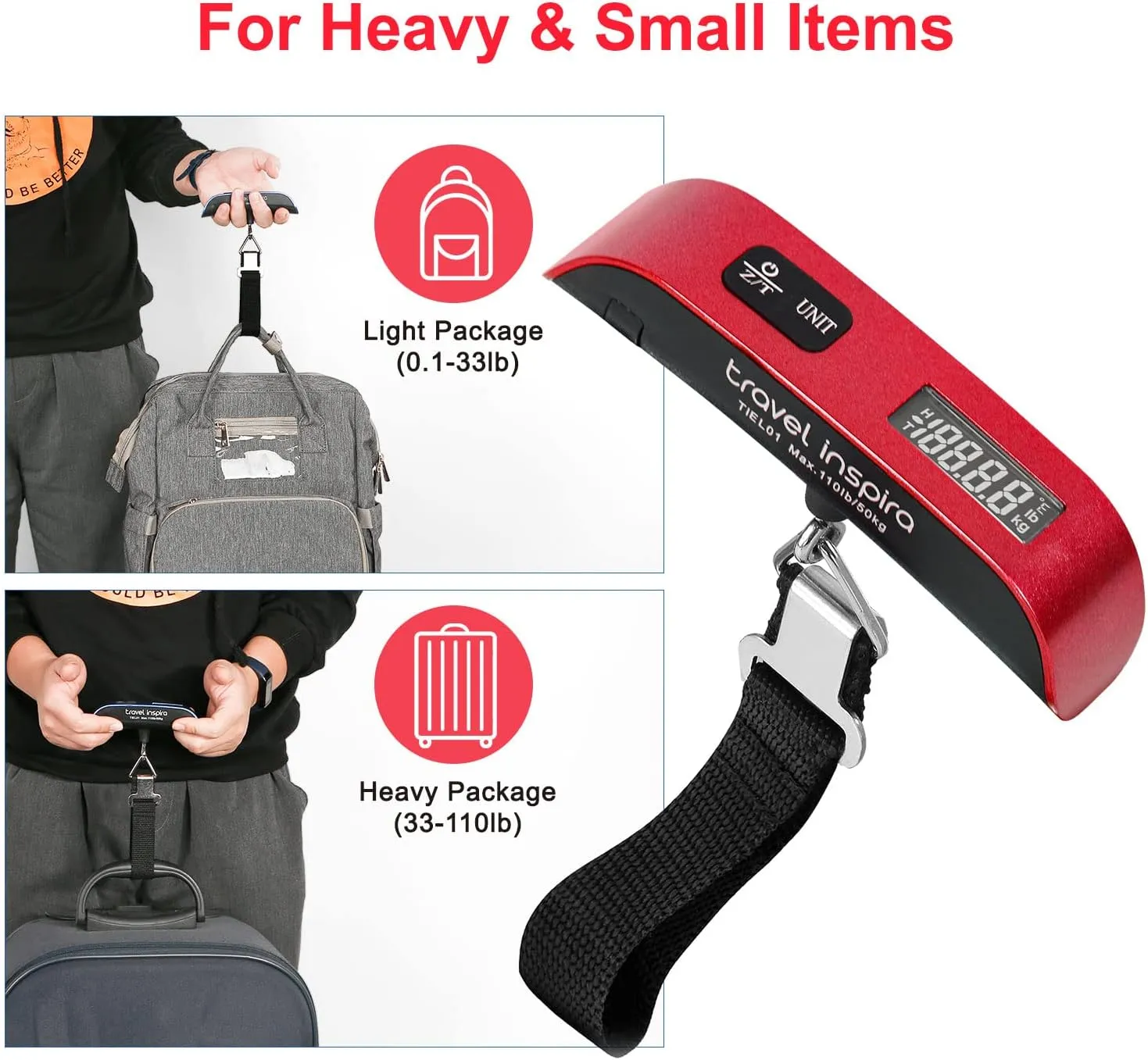 travel inspira Luggage Scale, Portable Digital Hanging Baggage Scale for Travel, Suitcase Weight Scale with Rubber Paint, 110 Pounds, Battery Included