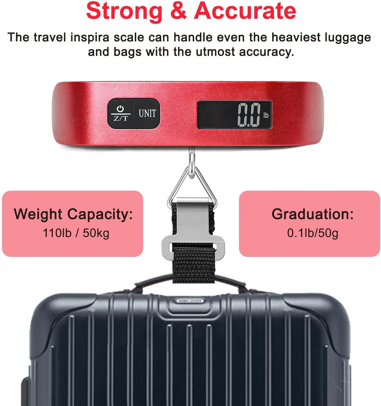 travel inspira Luggage Scale, Portable Digital Hanging Baggage Scale for Travel, Suitcase Weight Scale with Rubber Paint, 110 Pounds, Battery Included