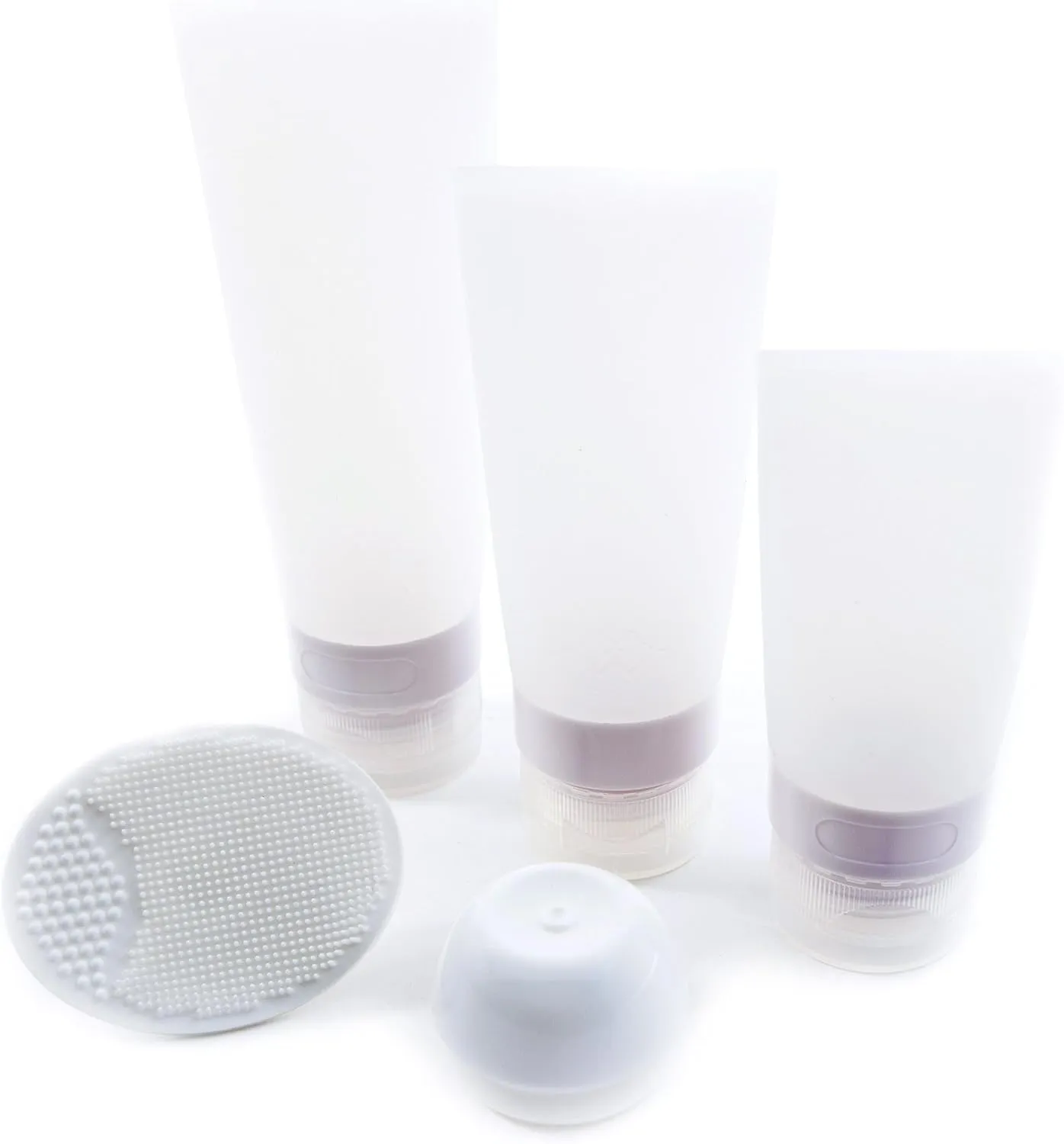 TSA Airline Carry-on Approved Soft Silicone Travel Bottles Tubes for Shampoo, Lotion, Cosmetics Set with Cream Jar and Facial Cleaning Brush - Toiletry EVA Bag AZ (White)
