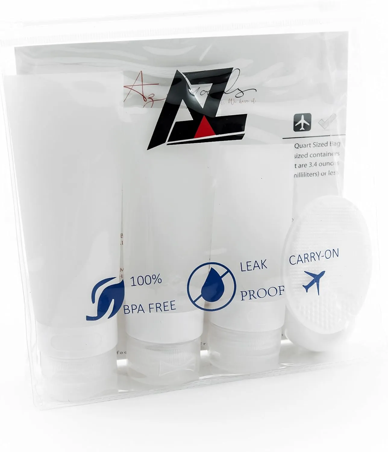 TSA Airline Carry-on Approved Soft Silicone Travel Bottles Tubes for Shampoo, Lotion, Cosmetics Set with Cream Jar and Facial Cleaning Brush - Toiletry EVA Bag AZ (White)