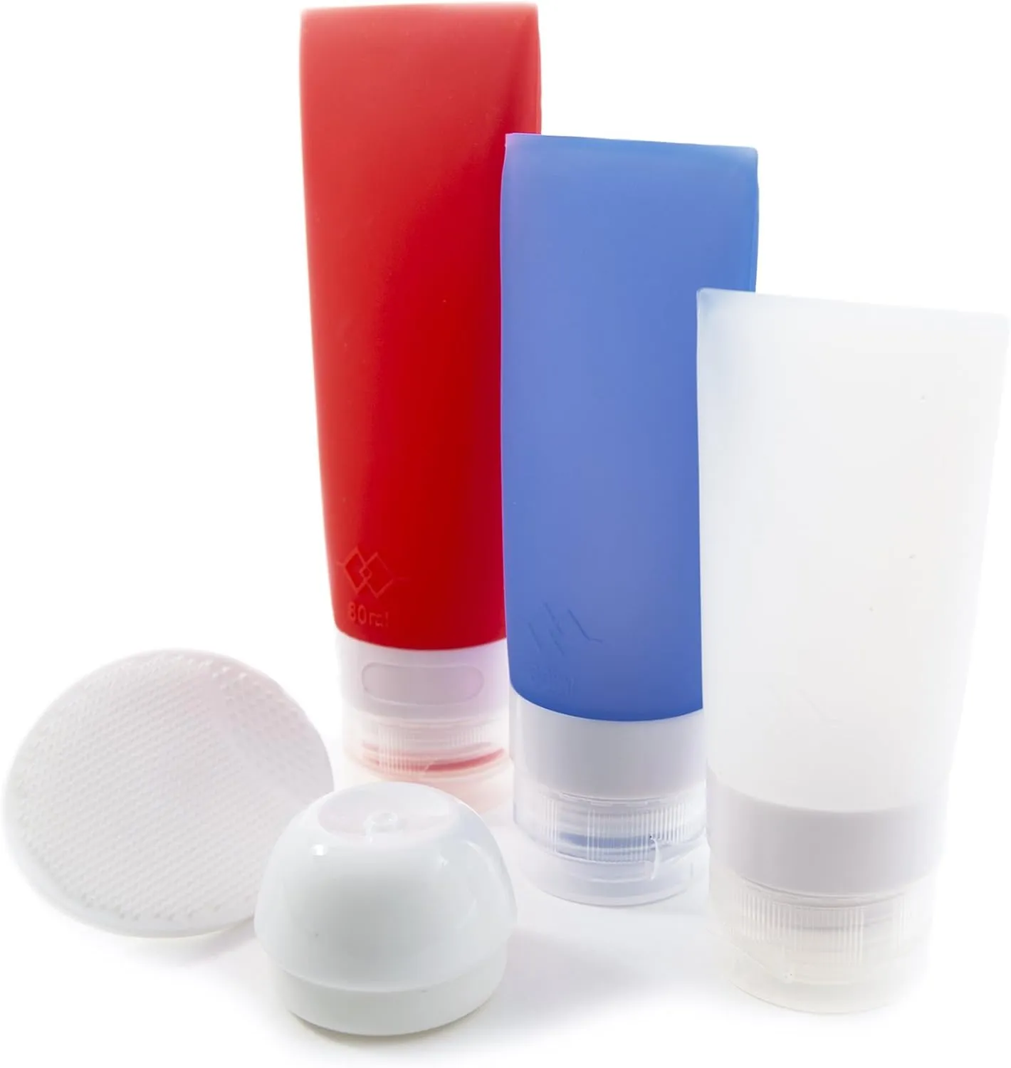 TSA Airline Carry-on Approved Soft Silicone Travel Bottles Tubes for Shampoo, Lotion, Cosmetics Set with Cream Jar and Facial Cleaning Brush - Toiletry EVA Bag AZ