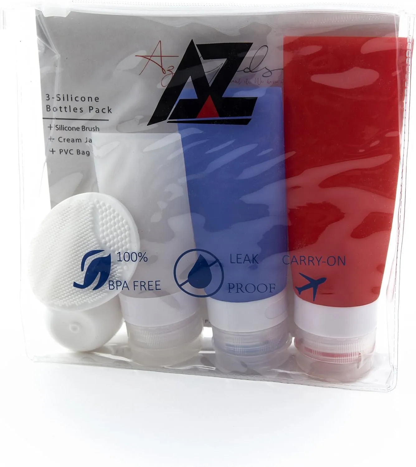 TSA Airline Carry-on Approved Soft Silicone Travel Bottles Tubes for Shampoo, Lotion, Cosmetics Set with Cream Jar and Facial Cleaning Brush - Toiletry EVA Bag AZ