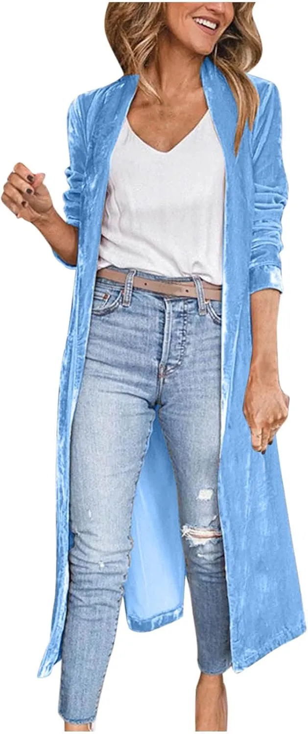 tuduoms Women's Maxi Long Velvet Cardigans Fashion Wild Trench Coat Open Front Vintage Blazers Coat Soft Lightweight Duster