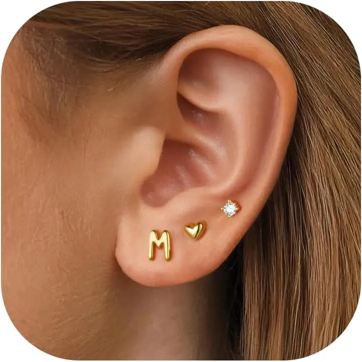 Turandoss 3 Pairs Initial Stud S925 Sterling Silver Post Earrings for Women Girls, 14K Gold Plated Letter A-Z Heart Initial Stud Earrings Jewelry Gifts for Teen Girls Women Trendy